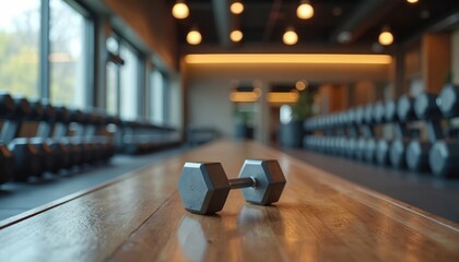 Dumbbell rests on gym bench with weights racks in background. Modern fitness club interior, focus on sport equipment. Exercise, workout, training concept.