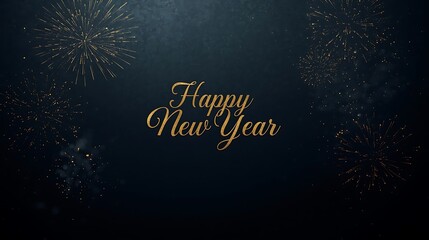 Elegant golden happy new year text with festive fireworks sparkle