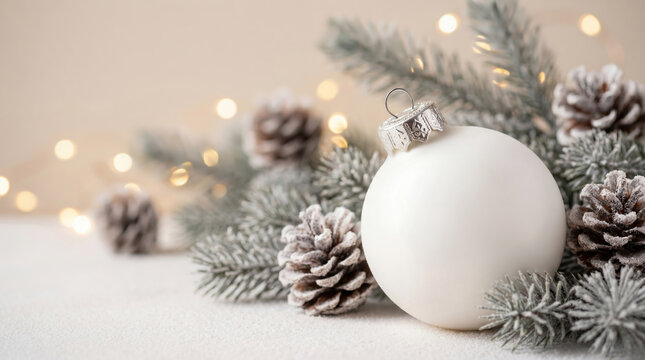 Minimal winter holiday scene with a white Christmas ball, frosted pinecones, evergreen branches, and warm bokeh fairy lights.