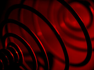 Intertwined metal coils create an abstract pattern against a vibrant red background. 