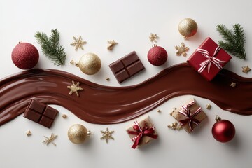 Christmas chocolate and golden ornaments on white background, symbolizing luxury and celebration, perfect for festive advertising and design projects.