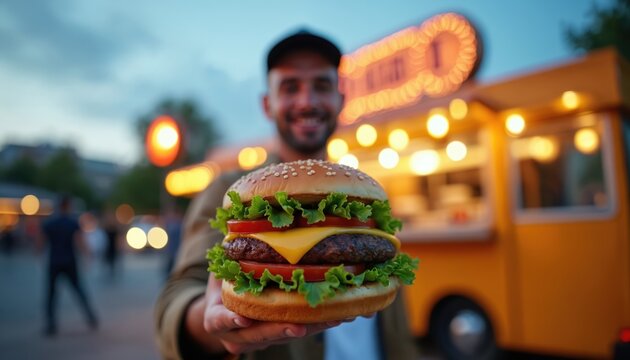 Man presents big juicy burger from food truck. Tasty meal with fresh lettuce tomato cheese on bun. Street food eatery serving delicious fast food. - Powered by Adobe