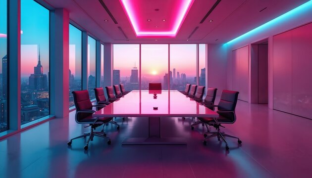 Modern conference room overlooks cityscape at sunset. Neon lights create a futuristic ambiance. Sleek table and chairs are ready for a business meeting or discussion.
