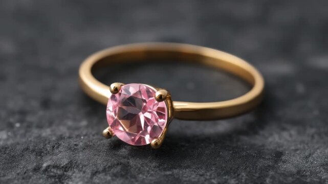 Elegant Rose Gold Ring with Oval Pink Gemstone Displayed on Dark Textured Surface  4k video footage