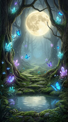 Obraz premium A forest is filled with colorful butterflies and glowing crystals. A full moon lights the scene as a small stream reflects the soft glow. Trees surround the area, creating a mystical setting