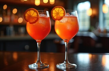 Two glasses of spritz cocktail with ice and orange slices sit on a bar table. Soft bokeh lights in the background suggest a bar or restaurant setting. Refreshing drinks for parties or relaxation.