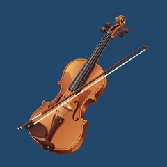 Fototapeta premium A beautifully crafted wooden violin with its bow resting on the strings, set against a plain dark blue background.