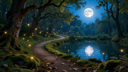 Obraz premium A winding path runs beside a river under a bright full moon. Trees line the water, and small lights shine like stars in the night sky. Leaves cover the path and reflect in the river