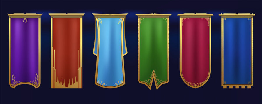 A set of flags in medieval or fantasy styles. Fabric flag template with a gold border. The flag features a satin sheen, a gold pattern, heraldic elements, striking geometric cut. Vector illustration.