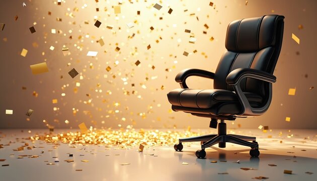 Elegant black office chair amidst gold confetti. This photo shows festive mood. Chair sets in celebratory scene representing success and achievement. Image features modern workspace ambiance.