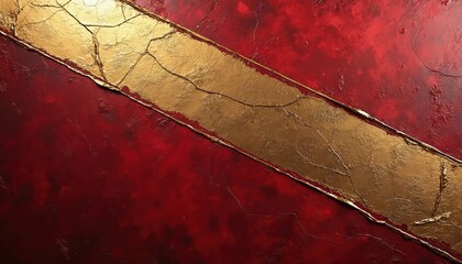 Abstract textured artwork with a grunge aesthetic. Red and gold colors create a contrasting design. Decorative modern art piece for background or design usage.