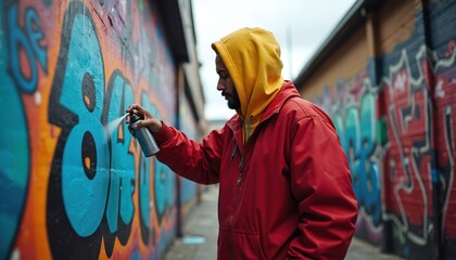 Man with yellow hoodie and red jacket spray paints colorful mural on brick wall in urban alley. Male artist creates graffiti art with aerosol can, expressing creativity and individuality.