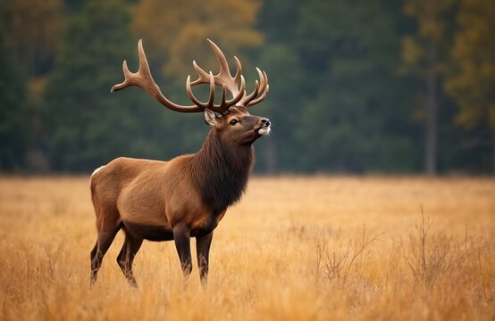 Male elk stands in dry golden grass field. Large antlers on head, dark mane around neck. Forest blurred in background. Autumn scenery outdoor. - Powered by Adobe