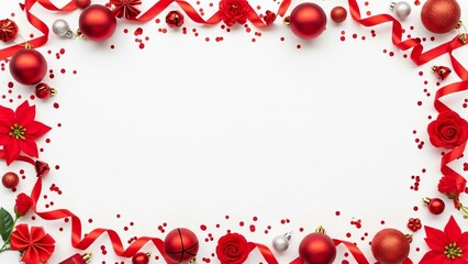Christmas frame features red ornaments ribbons and confetti scattered on a clean white background creating a festive holiday atmosphere perfect for greeting cards invitations or seasonal promotions a