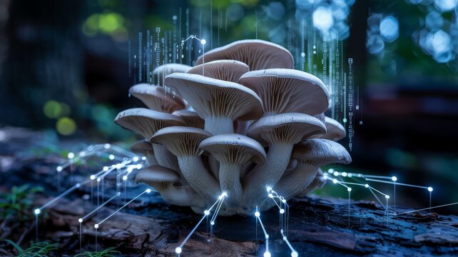 Glowing digital network and binary code overlaying wild mushrooms
