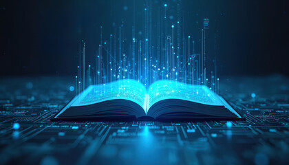 Illustration of open book with glowing neon blue data streams. Digital tech concept features futuristic design related to big data and learning. It can suit tech publications or educational resources.