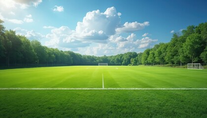 Vast green football field with goalposts and surrounding forest. Rich grass under bright blue sky with clouds. Perfect for sports, nature, and outdoor themes.
