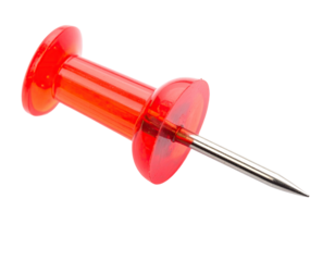 Close-up of a single, vibrant red push pin isolated on a solid black background
