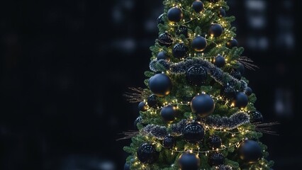 Christmas tree stands adorned with matte black ornaments and twinkling warm white lights creating a sophisticated holiday atmosphere perfect for elegant seasonal greetings or stylish festive backgrou