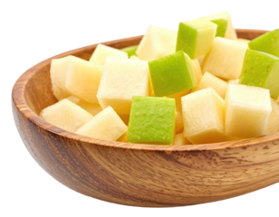 Close-up of diced green and yellow fruit in a wooden bowl, isolated on a transparent background