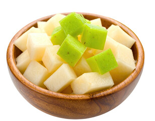 Cubed fruits, green and yellow, in a wooden bowl. Healthy snack isolated on black background