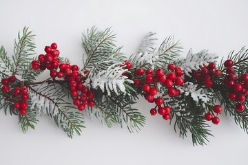 christmas tree branches Merry Christmas and Happy Holidays greeting card, frame, banner. New Year. Noel. Red and white Christmas decorations and g top view. Winter xmas holiday celebration