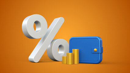 Percent icon with gold coins and wallet on a yellow background. Saving money wealth and business financial concept. Cashback or income concept. Financial and investment growth. Money increasing.