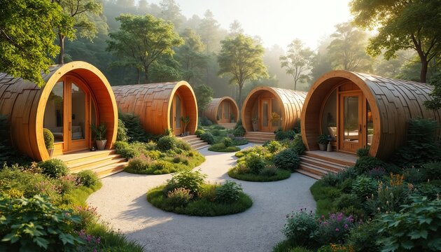 Wooden barrel-shaped eco homes nestle in lush green garden. Unique structures offer serene forest retreat. Tiny houses provide cozy, sustainable lodging for nature lovers and adventurers.