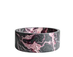 A dark gray bowl with abstract veined patterns of pink and white, set against black