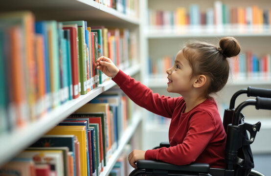 Young girl in wheelchair happily selects book from library shelf. Child enjoys learning and reading among colorful books in a school or public library setting. She looks excited.