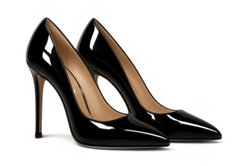Black patent leather stilettos representing elegance and luxury fashion, a pair of classic high-heeled women's shoes