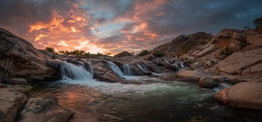 Scenic Waterfall Landscape at Sunset with Dramatic Sky and Rocks.