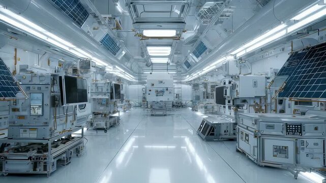 Spacious, ultra clean laboratory with reflective floors, solar panels, state art machinery, showcasing future scientific research. Environment exudes innovation, technological advancement