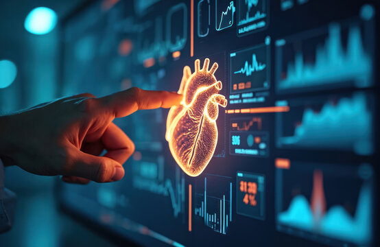 Doctor touches digital heart model on screen. Futuristic medical analysis shows heart rhythm graphs and vital signs data. Cardiology research uses advanced tech.