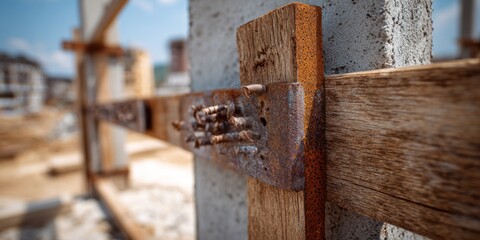 Close-up of Wooden Beam Construction with Nails and Concrete Support.