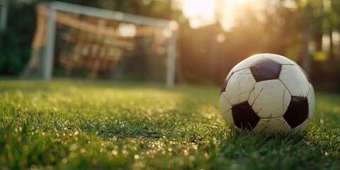 Soccer ball on the grass with a goal in background.