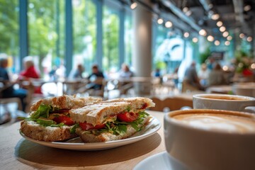 Delicious Sandwich and Coffee in a Bright Cafe Setting.