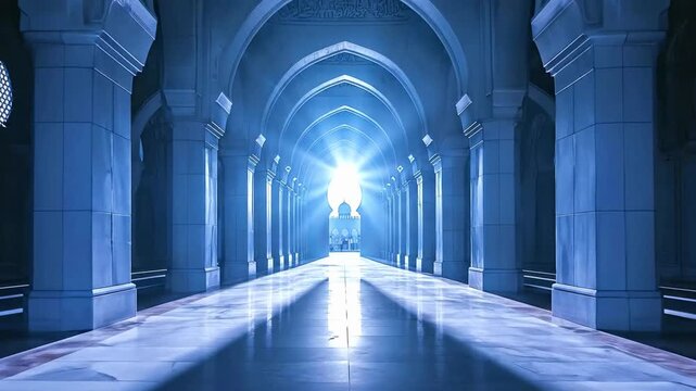 A symmetrical view down a grand stone colonnade with pointed arches illuminated by a brilliant light from the far end reflecting on a polished marble floor