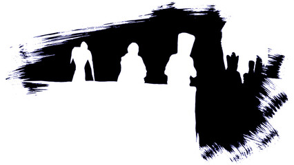 Abstract digital figures observing a dynamic scene with vibrant neon energy lines