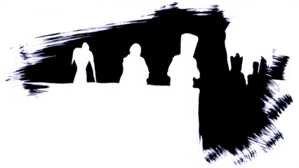 Abstract digital figures observing a dynamic scene with vibrant neon energy lines