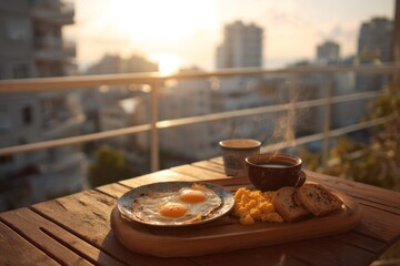 Breakfast with a view - Eggs, bread, and coffee on a balcony.