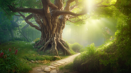 A broad tree dominates the scene near a winding path in a green forest. Sunlight filters through leafy branches, creating bright light on the ground. Flowers bloom around the path