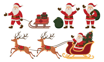 Set of cute Santa Claus in different posesand and situations. Holiday flat vector illustrations isolated on a white background.