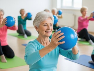 Smiling senior woman exercising with a blue fitness ball during a group pilates or yoga class for active aging people