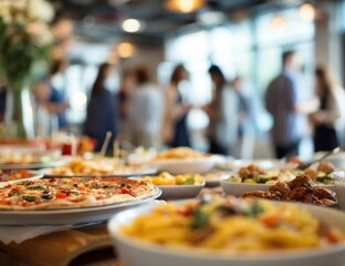 Buffet Table with Pizza and Pasta at a Party.