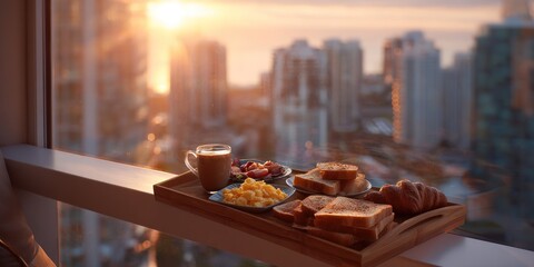 Breakfast with a View - A Tray of Food on a Balcony Overlooking a City at Sunset.
