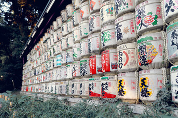 Fototapeta premium Traditional Sake Barrels Displayed at Shinto Shrine in Tokyo, Japan