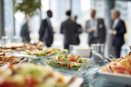 Business Lunch Buffet with People Networking in Background.