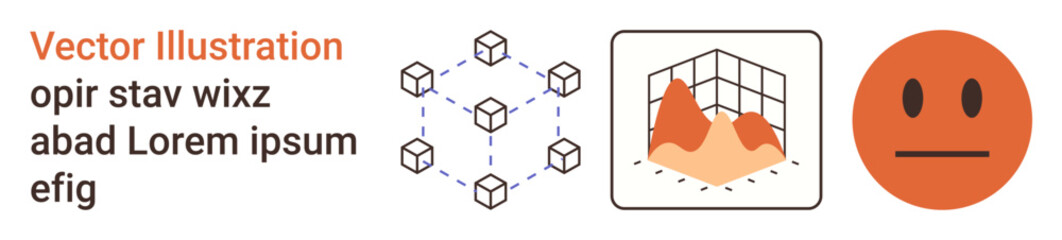 Data analysis, technology, emotions, communication, network structures, and visualization. Abstract cubes connected in a grid, a graph and a neutral face. Data analysis and technology concept