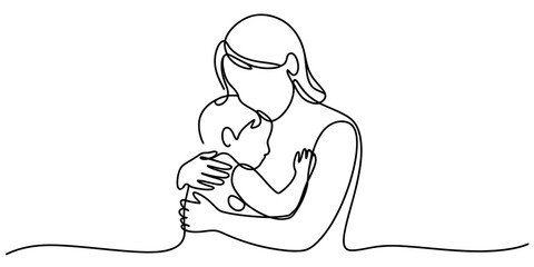 Continuous line drawing of a mother tenderly embracing her baby, a minimalist depiction of maternal love, family bond, care, and emotional connection. Vector, illustration